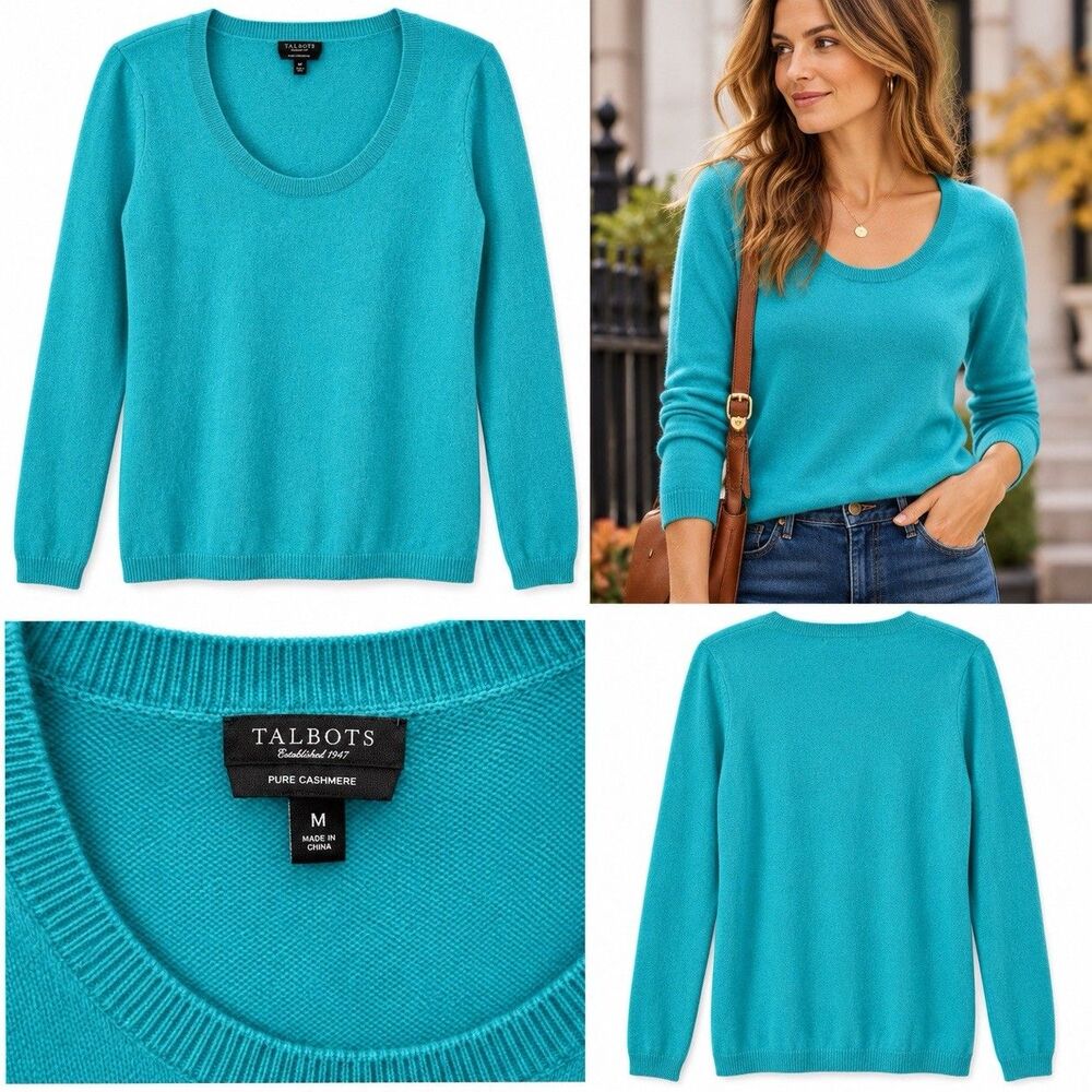 Talbots Pure Cashmere Scoop Neck Sweater M Teal Quiet Luxury Minimalist Oldmoney
